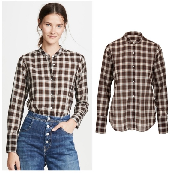 Nili Lotan Judith Mocha Plaid Cotton Button Down Shirt - Picture 2 of 12